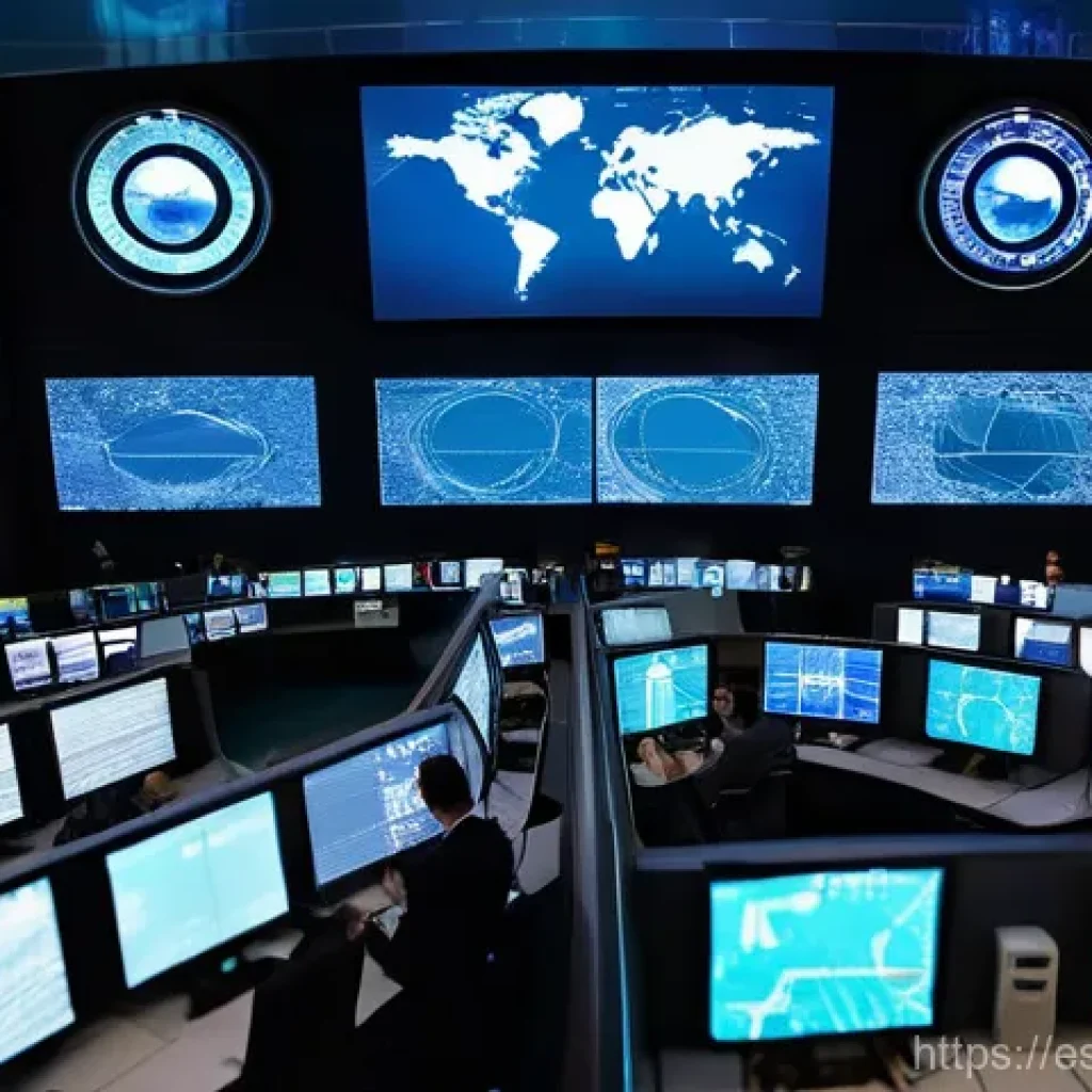 국제 민간 항공기구 ICAO  규정 - **Prompt:** "A panoramic, wide-angle shot of a bustling, modern air traffic control center, filled w...