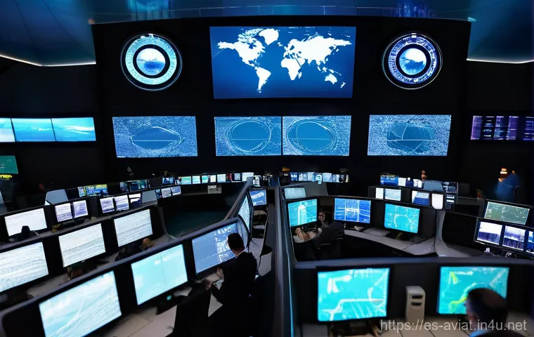 국제 민간 항공기구 ICAO  규정 - **Prompt:** "A panoramic, wide-angle shot of a bustling, modern air traffic control center, filled w...