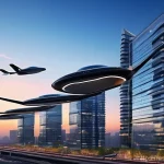 최신 항공우주공학 연구 동향 - Urban Air Mobility at Dusk**

**Prompt:** A sleek, futuristic electric Vertical Take-Off and Landing...