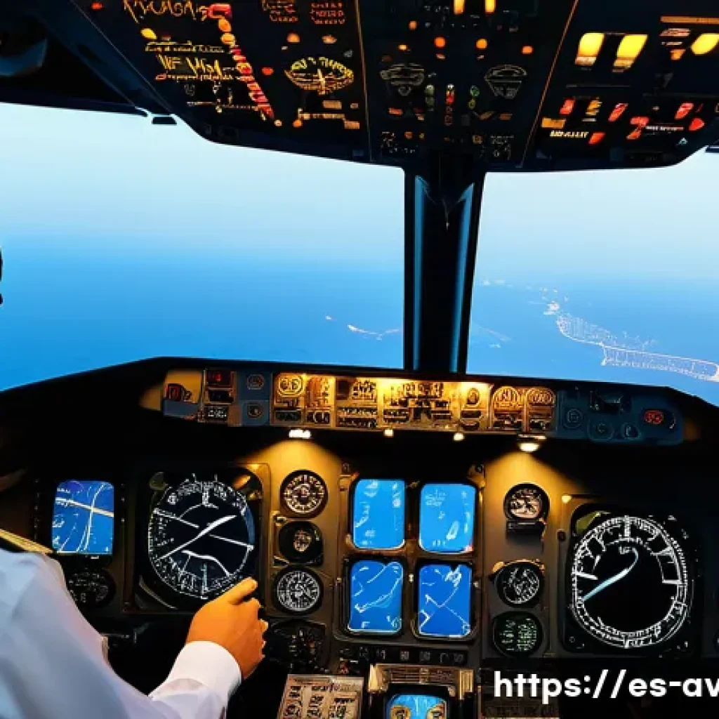 항공기 항법 및 항행시설 - A professional pilot in a modern cockpit, attentively monitoring traditional flight instruments incl...