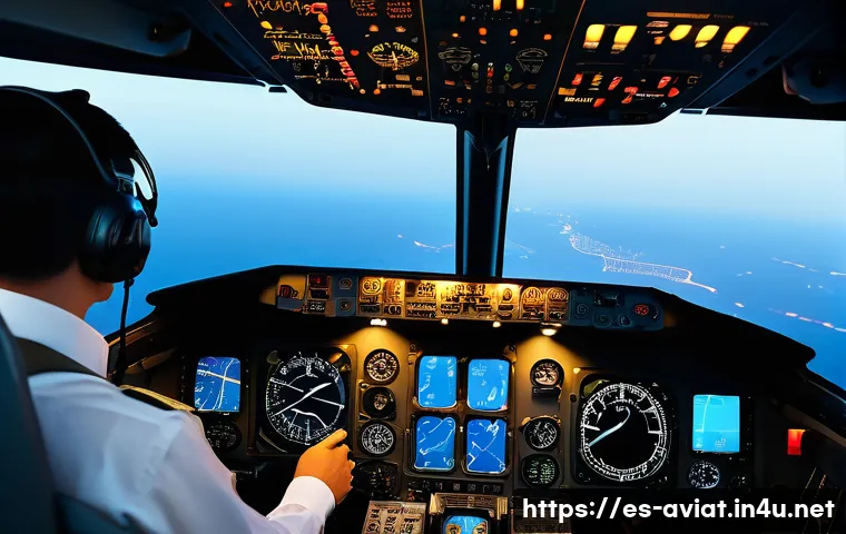 항공기 항법 및 항행시설 - A professional pilot in a modern cockpit, attentively monitoring traditional flight instruments incl...