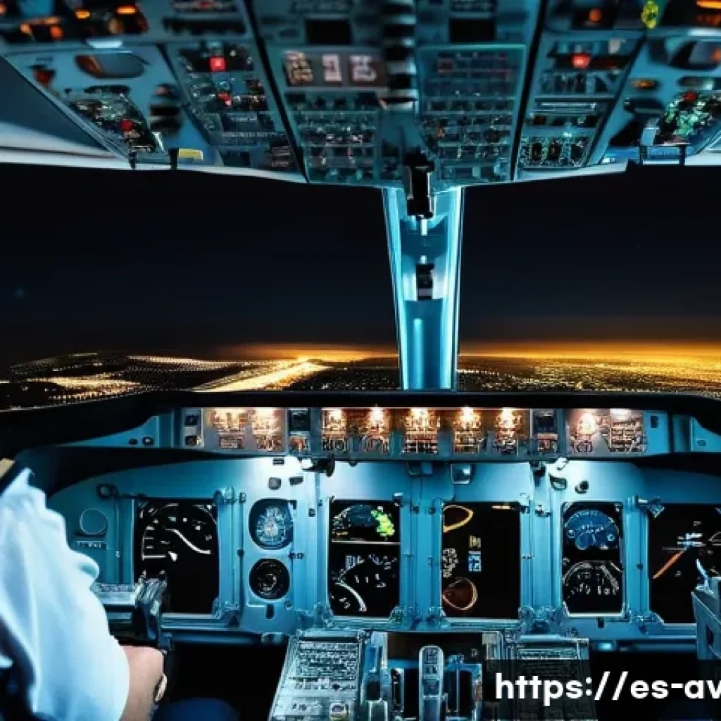 항공기 전자 시스템 및 계기 - A detailed cockpit view of a commercial airplane during night flight with illuminated essential flig...