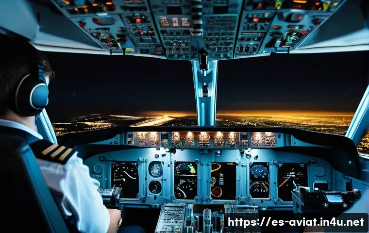 항공기 전자 시스템 및 계기 - A detailed cockpit view of a commercial airplane during night flight with illuminated essential flig...
