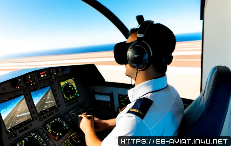 파일럿 훈련용 VR 및 AI 기술 - Photorealistic commercial aviation trainee in a modern flight training center in Spain, seated in a ...