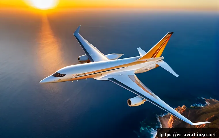 Home 17 초음속 항공기 및 미래 항공기 개발 - Photorealistic supersonic passenger aircraft flying above the Mediterranean coast of Spain at sunris...