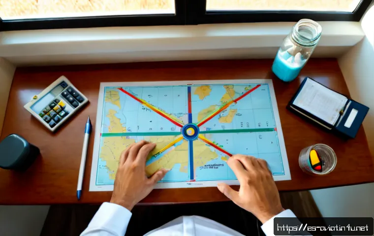 비행 계획 수립 및 연료 계산 - Photorealistic overhead view of a private pilot planning a flight at a tidy wooden desk in Spain, ha...